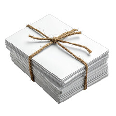 A thick stack of white paper tied securely with a rustic piece of twine.