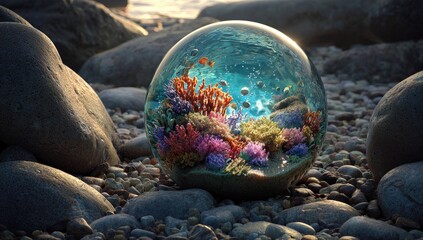 A mesmerizing ocean scene, captured inside a clear sphere, resting amidst weathered stones. Delicate coral and fish populate the miniature world