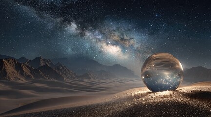A mesmerizing panorama of a crystal sphere on a sand dune, under a starry night sky with the Milky Way