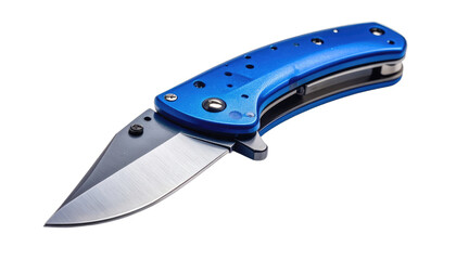 A vivid close-up photograph of a blue folding pocket knife against a stark black background.