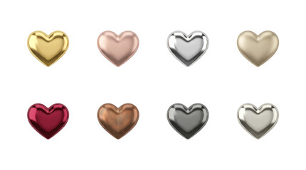 Obraz premium Metallic heart set including gold, silver, bronze, rose gold, red, and gunmetal finishes isolated. Love symbol and luxury design element collection.