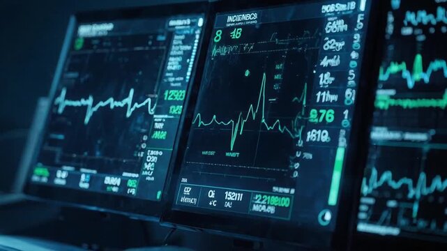 Close-up of medical monitors in a dim ICU, showing green ECG waveforms, numeric vitals, and saturation graphs across multiple displays, tracking a patient's status in real time.
