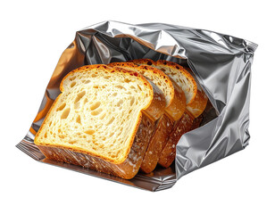 Slices of fresh bread presented in a partially opened metallic silver bag against a black background.