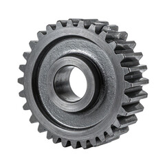 Close-up of a single, metallic spur gear isolated against a stark black background.