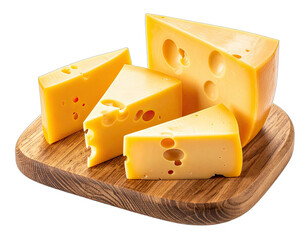 Assortment of Emmental-style cheese wedges displayed on a wooden cutting board against a black background.