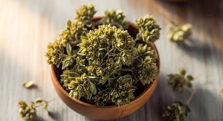 Close up of dried oregano in a small wooden bowl with copy space