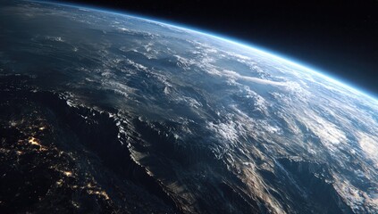Fototapeta premium A mesmerizing view of Earth from space, revealing continents, clouds, and the curvature. The atmosphere gleams in shades of blue