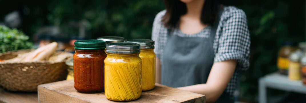 Jars food preserved homemade woman apron wooden table outdoor natural light fresh ingredients cheerful mood. Homemade preserved food jars displayed wooden table outdoors with woman apron natural