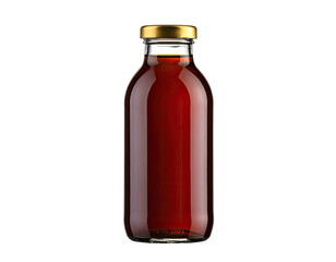 A tall, clear glass bottle filled with dark red liquid and sealed with a gold cap, isolated against black.