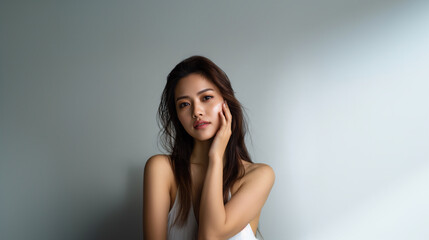 Fototapeta premium facial skincare routine, asian woman with cream, beauty and wellness closeup