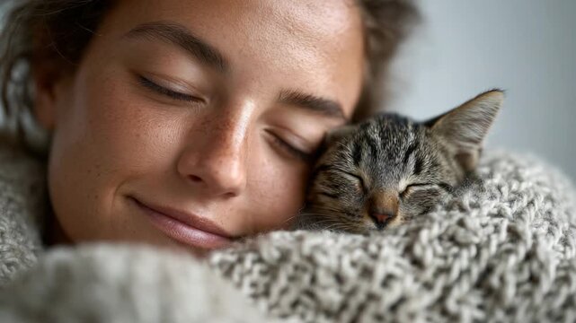 Peaceful young woman with freckles sleeping and smiling gently while cuddling a cute tabby kitten, both wrapped together in a cozy, warm knitted sweater for a feeling of comfort and affection