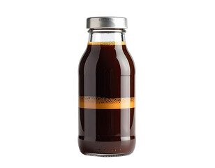 A glass bottle filled with dark brown liquid, likely cold brew coffee, against a stark black background.