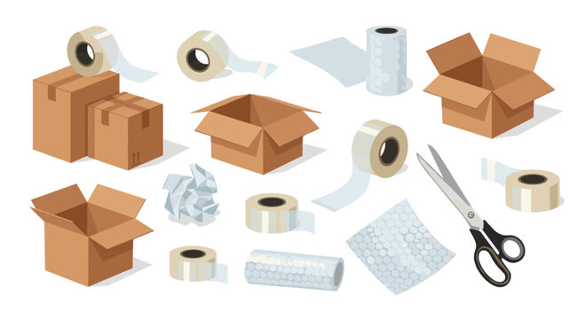Random Arrangement of Cardboard Boxes Scissors Tape Rolls and Bubble Wrap for Packing and Shipping Supplies.
