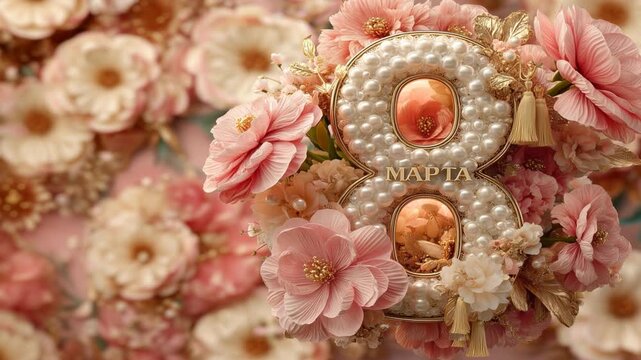 Celebration of Women's Day with floral decoration featuring number eight and the word MARCH