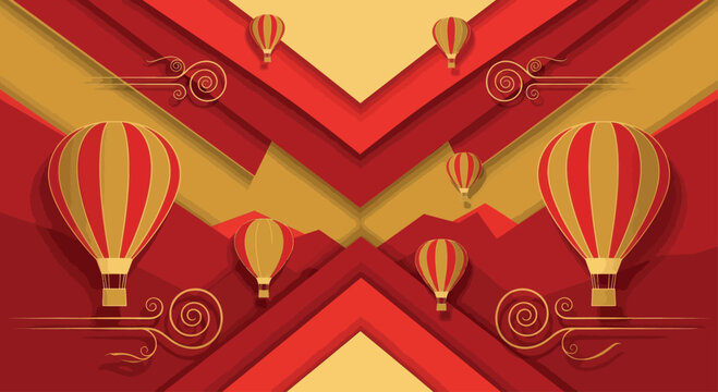 Abstract Paper Cut Hot Air Balloons over Mountains | Aerostat & Montgolfier Illustration