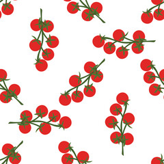 Seamless pattern with cherry tomatoes on branch. Fresh organic vegetables background for food packaging, kitchen and market design. Flat vector illustration isolated on white background.