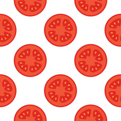 Seamless pattern with sliced tomatoes. Fresh cut vegetable texture for food packaging, restaurant menu and kitchen design. Flat vector illustration isolated on white background.