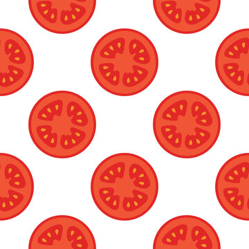 Seamless pattern with sliced tomatoes. Fresh cut vegetable texture for food packaging, restaurant menu and kitchen design. Flat vector illustration isolated on white background.