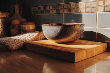 Realistic still life of kitchen items on wooden cutting board in bright light Generative AI