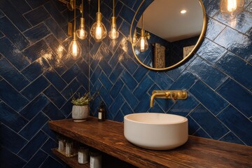 A modern bathroom features a round mirror, brass fixtures, a wooden counter, and a stunning blue tiled wall. Soft light emanates from hanging bulbs