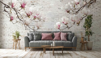 A modern living space features a gray sofa, wood coffee tables, and plants, with floral wall art