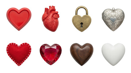 Fototapeta premium Heart shape object set including anatomical, padlock, locket, gemstone, and wooden styles isolated. Love and romance collection.