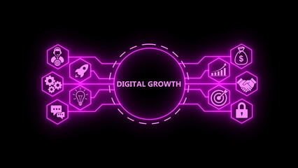 Obraz premium DIGITAL GROWTH concept with glowing technology icons on a dark background. Futuristic digital network showing business growth, startup ideas, strategy, security, target achievement, 