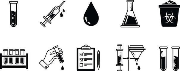 Obraz premium Medical laboratory line icon set featuring blood test syringe beaker biohazard and scientific equipment symbols for healthcare research design use