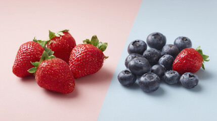 Fresh strawberries and blueberries arranged on light backgrounds for display Generative AI