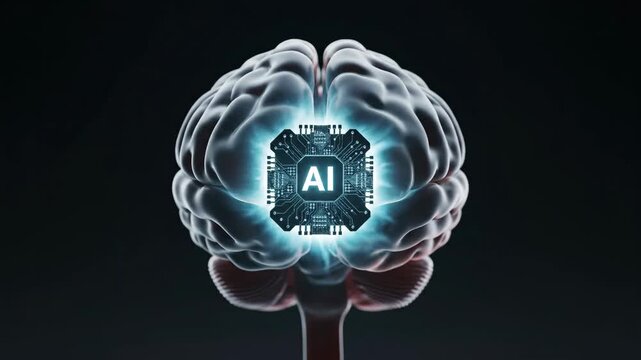 Conceptual 3D animation showing an Artificial Intelligence CPU microchip glowing and pulsating inside a stylized human brain, symbolizing machine learning and digital consciousness