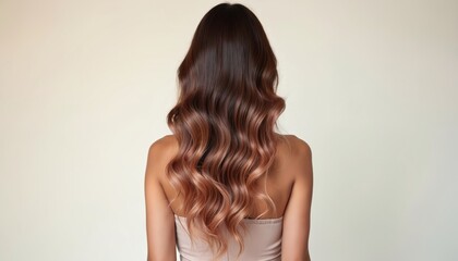 Fototapeta premium Woman shows off wavy ombre hair color, dark roots transition to lighter brown and rose gold ends. She has smooth, shiny locks styled with soft curls for a sophisticated look.