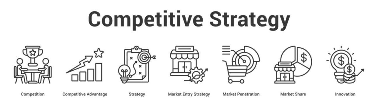Competitive Strategy web banner icon set vector illustration concept for business with icon of Competition, Competitive Advantage, Strategy, Market Entry Strategy, Market Penetration, Mar.