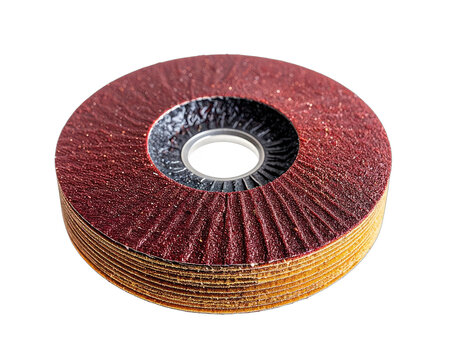 Close-up image of a stacked flap sanding disc with a reddish-brown abrasive surface on a black background.