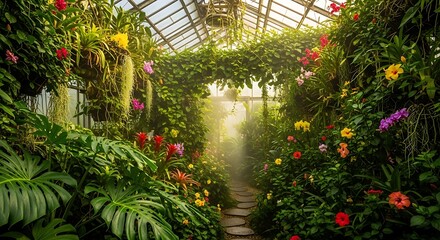 Obraz premium Lush Greenhouse with Vibrant Flowers and Lush Greenery.