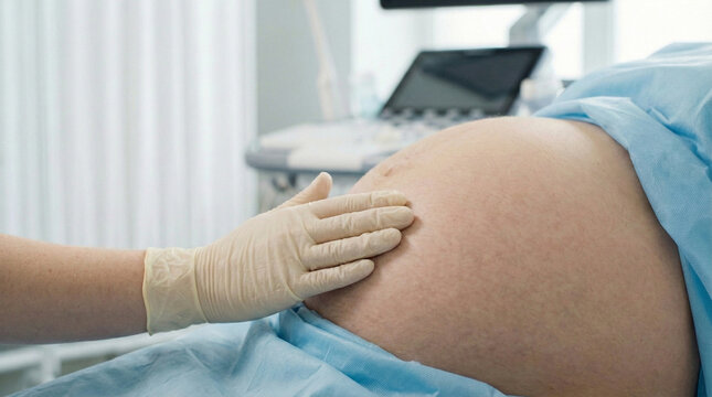 Doctor Hand in Sterile Glove Examining Pregnant Belly in Surgical Room