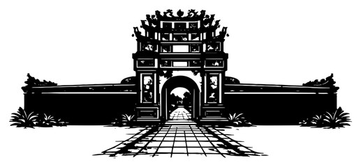 Obraz premium Front view of ancient asian citadel gate with tiled pathway entrance