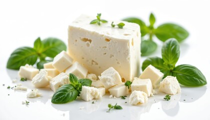 Fresh feta cheese cubes and block with basil leaves on white background. Crumpled feta cheese pieces and whole block with herbs for healthy cooking and salad preparation.