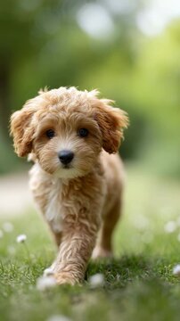 Adorable little cockapoo puppy with fluffy apricot fur walking on the lush green grass of a park, looking directly into the camera with curiosity and innocence on a sunny summer day