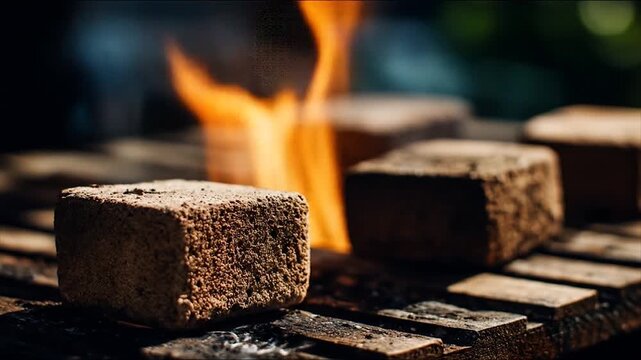 Close up of burning charcoal briquettes with flames and smoke background