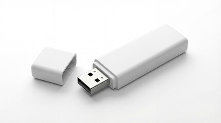 Modern white USB flash drive with cap removed on clean surface