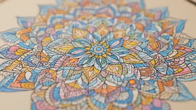 Close up of a colorful hand drawn mandala art design