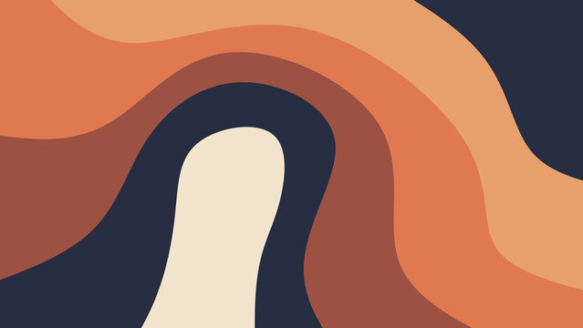 Abstract retro 70s style wavy background. Groovy navy blue and orange liquid pattern vector illustration. Vintage psychedelic fluid curve wallpaper.