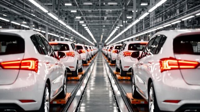 New cars rolling off the assembly line. Efficient factory assembly line producing modern cars.
