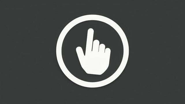 Digital touch interaction button graphic design element 3D render of a white hand pointer cursor icon in a clean circle on a dark gray background