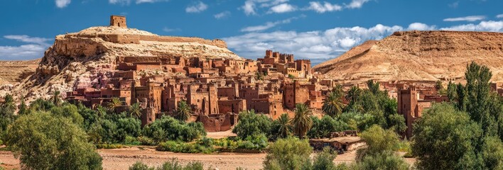 A panoramic shot of a historic, fortified village, constructed from earthen materials, nestled at the base of a tan, arid hillside, under a bright blue sky