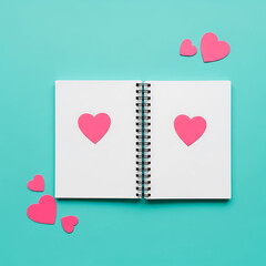 Spiral bound notebook with pink hearts on white pages  love symbol