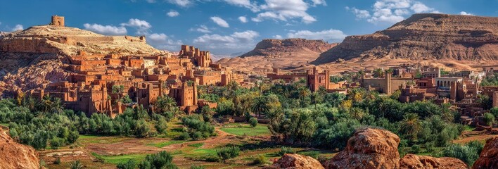 A panoramic view of an ancient fortress village nestled in a desert valley with lush greenery and towering mountains under a bright blue sky