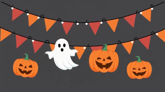 Cute cartoon illustration of Halloween decorations featuring a smiling ghost and three jackolanterns with orange bunting garland and string lights on a dark background for festive autumn holiday