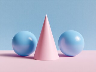 A pastel composition showcasing a pink cone centered between two blue spheres, set against a soft, two-toned background