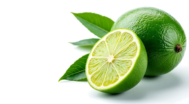 Green lime fruit with leaves and half cut slice showing juicy interior, fresh citrus with vibrant color and natural texture